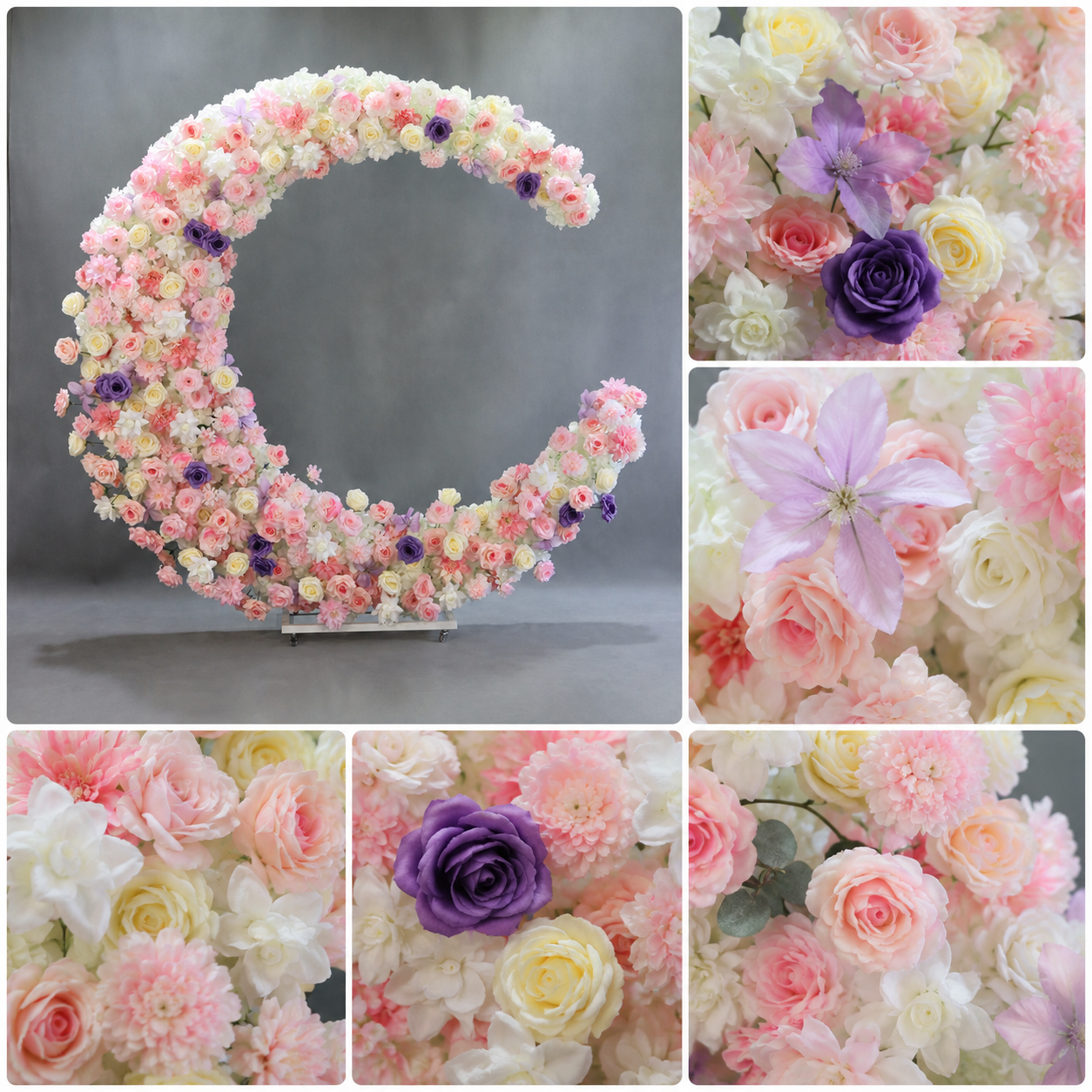 6FT Pink & Purple Crescent Moon Flower Arch, Wedding Backdrop with Stand