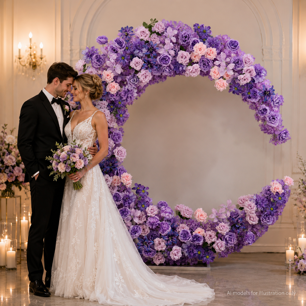 6FT purple Crescent Moon Artificial Flower Arch with Stand, Wedding Backdrop
