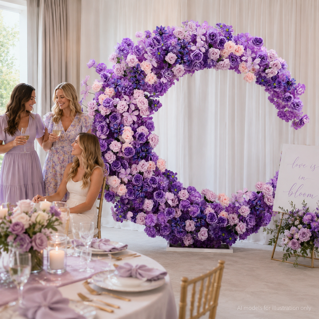 6FT purple Crescent Moon Artificial Flower Arch with Stand, Wedding Backdrop