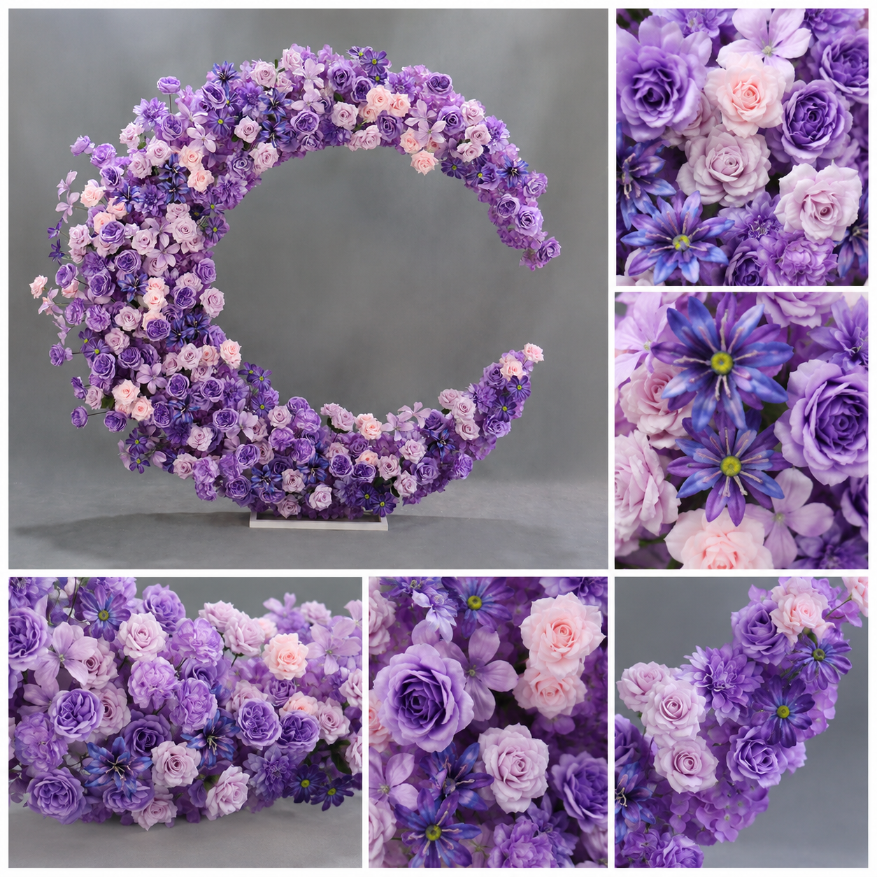 6FT purple Crescent Moon Artificial Flower Arch with Stand, Wedding Backdrop