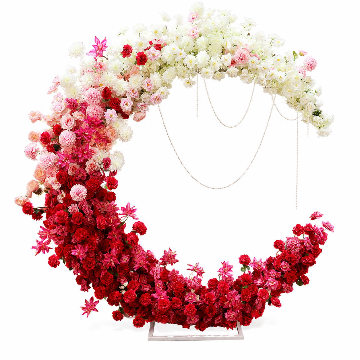 6FT Red White Blush Pink Crescent Moon Floral Arch with Stand, Artificial Flower Arrangement, Wedding Backdrop Decoration