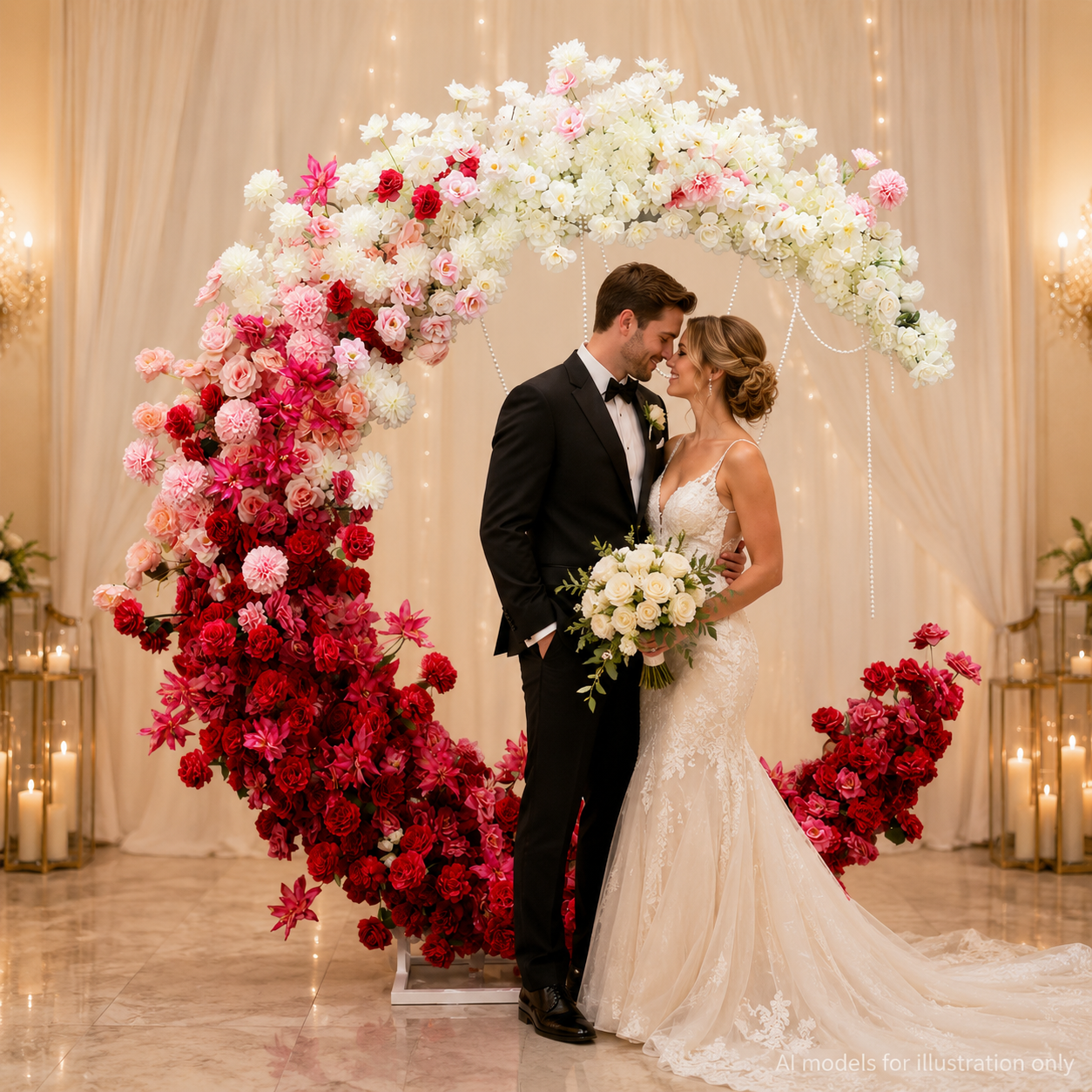 6FT Red White Blush Pink Crescent Moon Floral Arch with Stand, Artificial Flower Arrangement, Wedding Backdrop Decoration