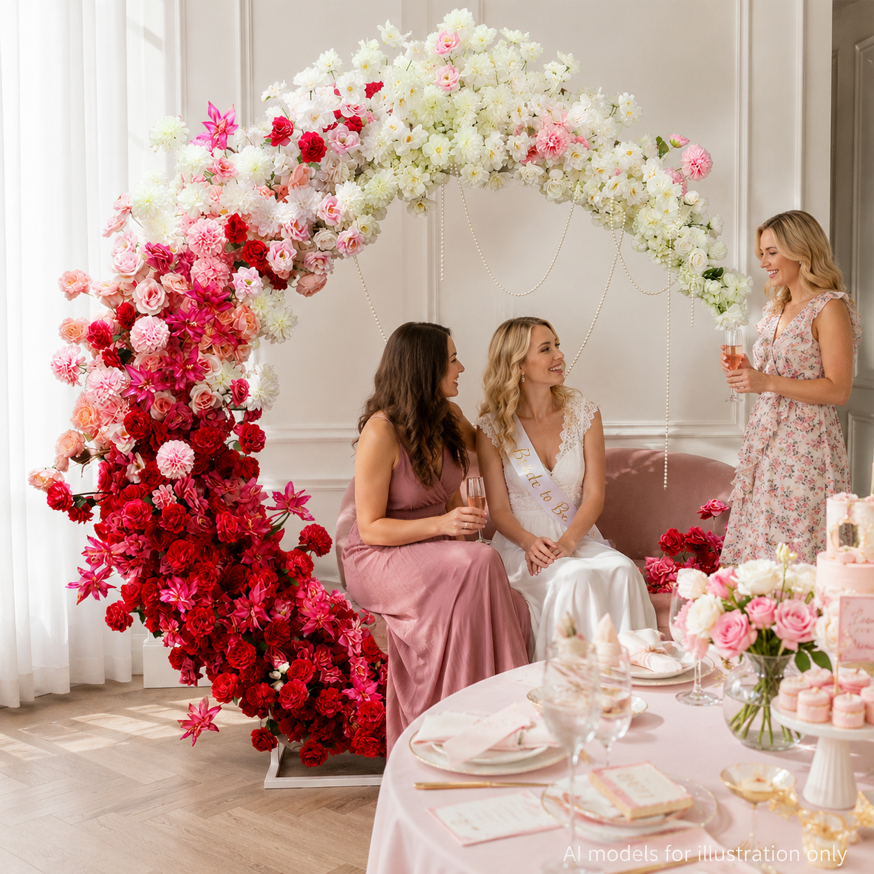 6FT Red White Blush Pink Crescent Moon Floral Arch with Stand, Artificial Flower Arrangement, Wedding Backdrop Decoration