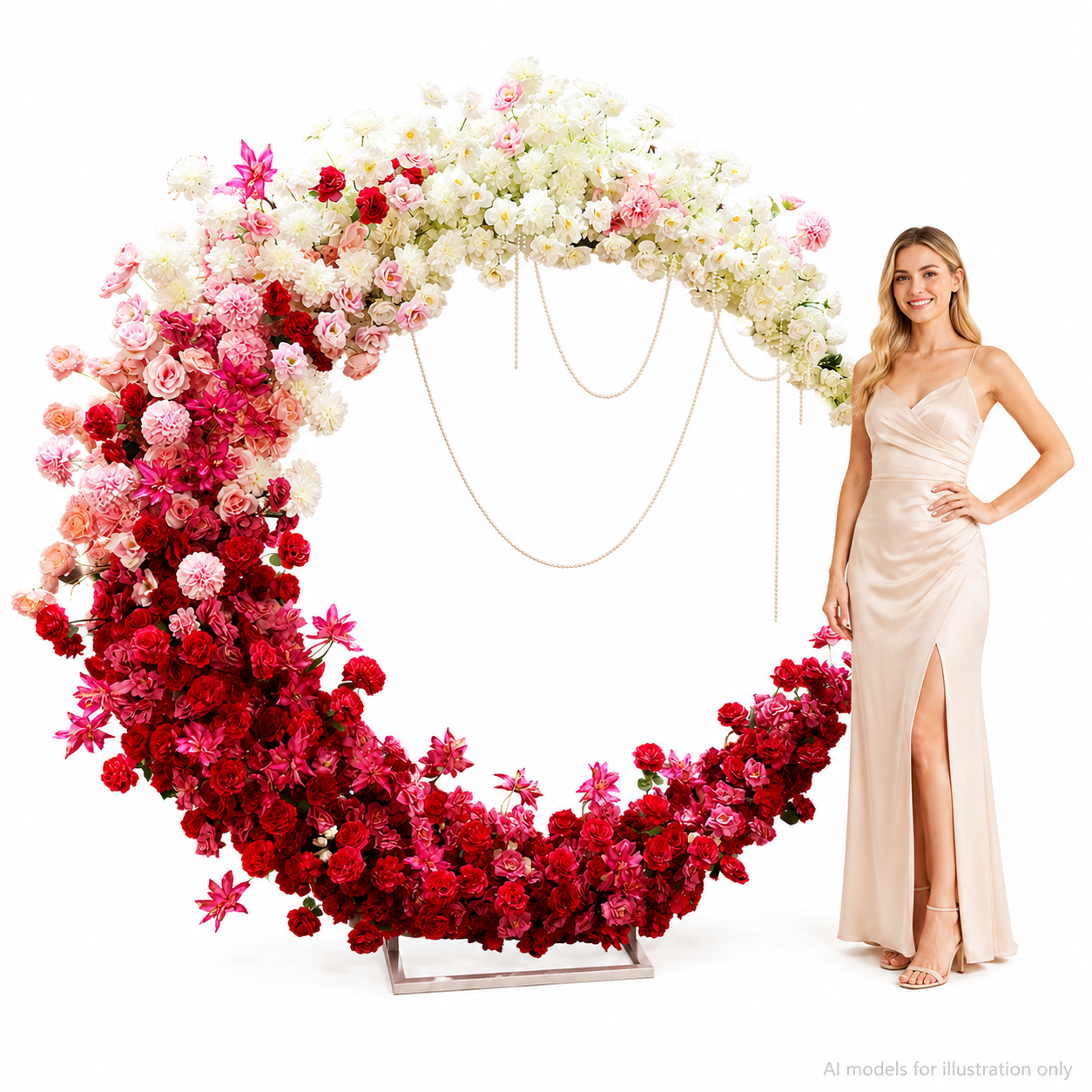 6FT Red White Blush Pink Crescent Moon Floral Arch with Stand, Artificial Flower Arrangement, Wedding Backdrop Decoration