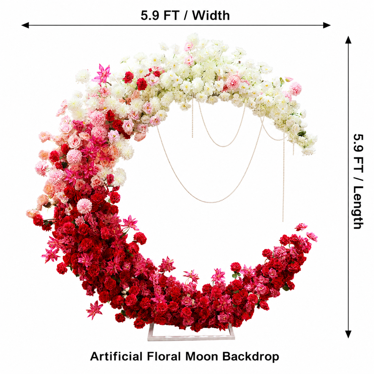 6FT Red White Blush Pink Crescent Moon Floral Arch with Stand, Artificial Flower Arrangement, Wedding Backdrop Decoration
