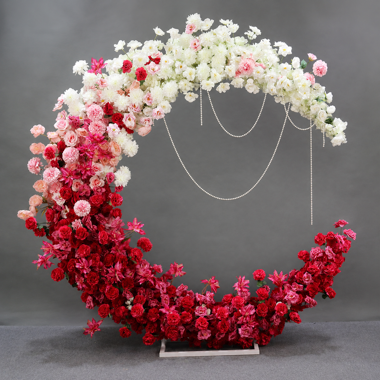 6FT Red White Blush Pink Crescent Moon Floral Arch with Stand, Artificial Flower Arrangement, Wedding Backdrop Decoration