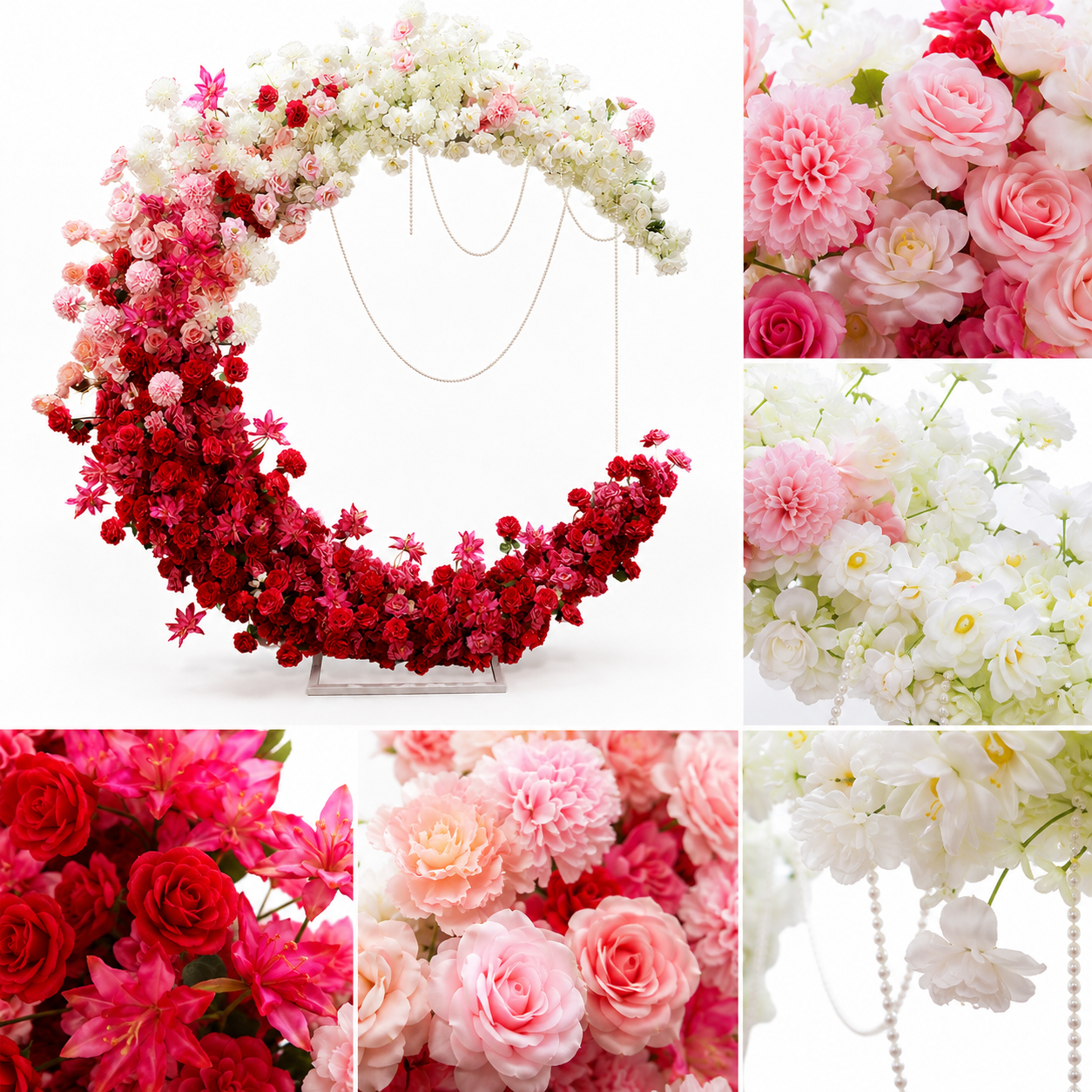 6FT Red White Blush Pink Crescent Moon Floral Arch with Stand, Artificial Flower Arrangement, Wedding Backdrop Decoration