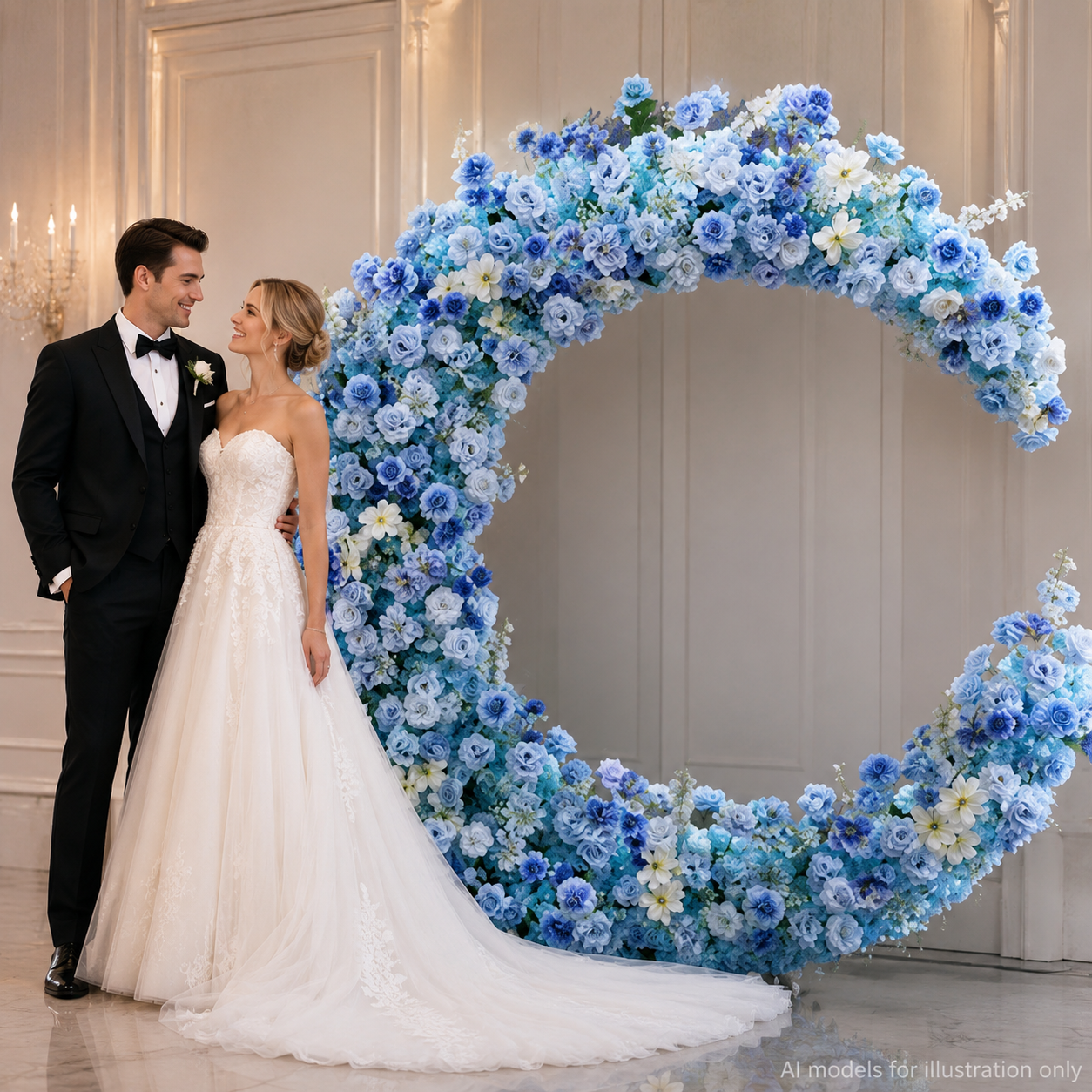 6FT Blue Crescent Moon Artificial Flower Arch with Stand, Wedding Backdrop