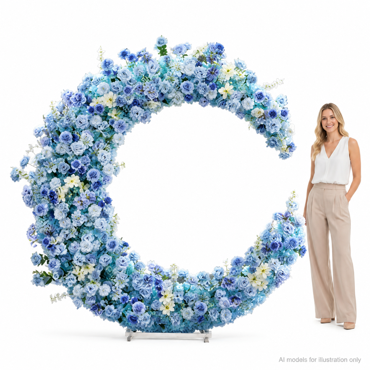 6FT Blue Crescent Moon Artificial Flower Arch with Stand, Wedding Backdrop
