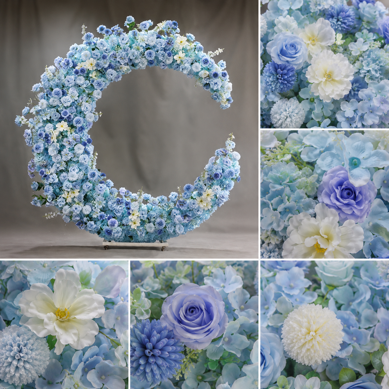 6FT Blue Crescent Moon Artificial Flower Arch with Stand, Wedding Backdrop