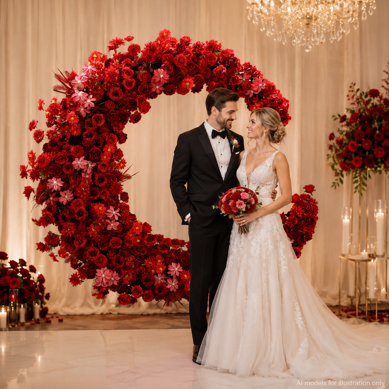 6FT rose red Crescent Moon Flower Arch, Wedding Backdrop with Stand