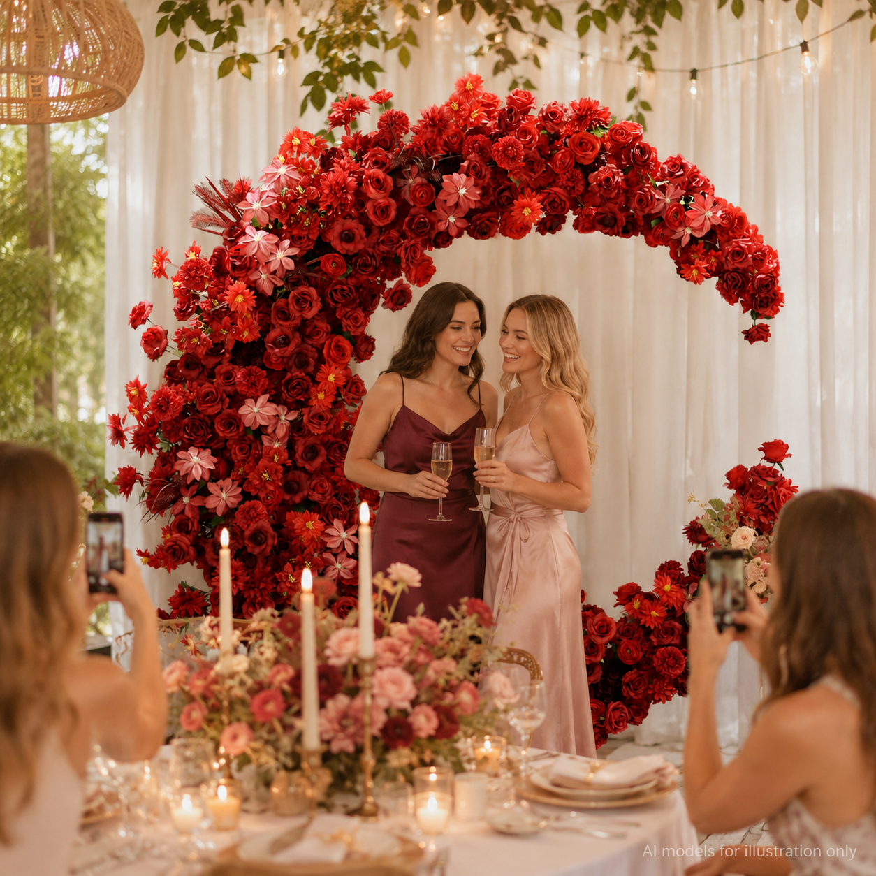 6FT rose red Crescent Moon Flower Arch, Wedding Backdrop with Stand