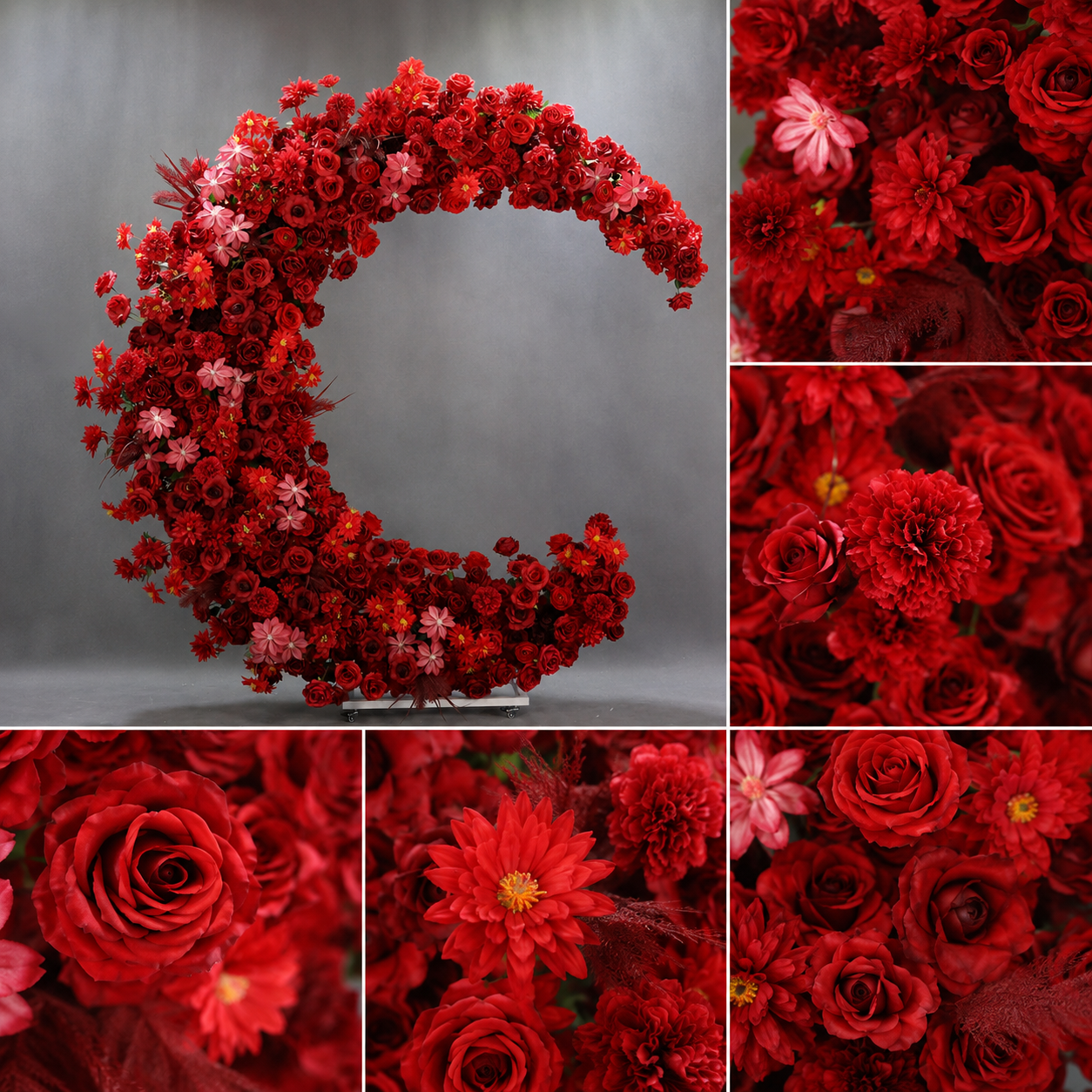 6FT rose red Crescent Moon Flower Arch, Wedding Backdrop with Stand