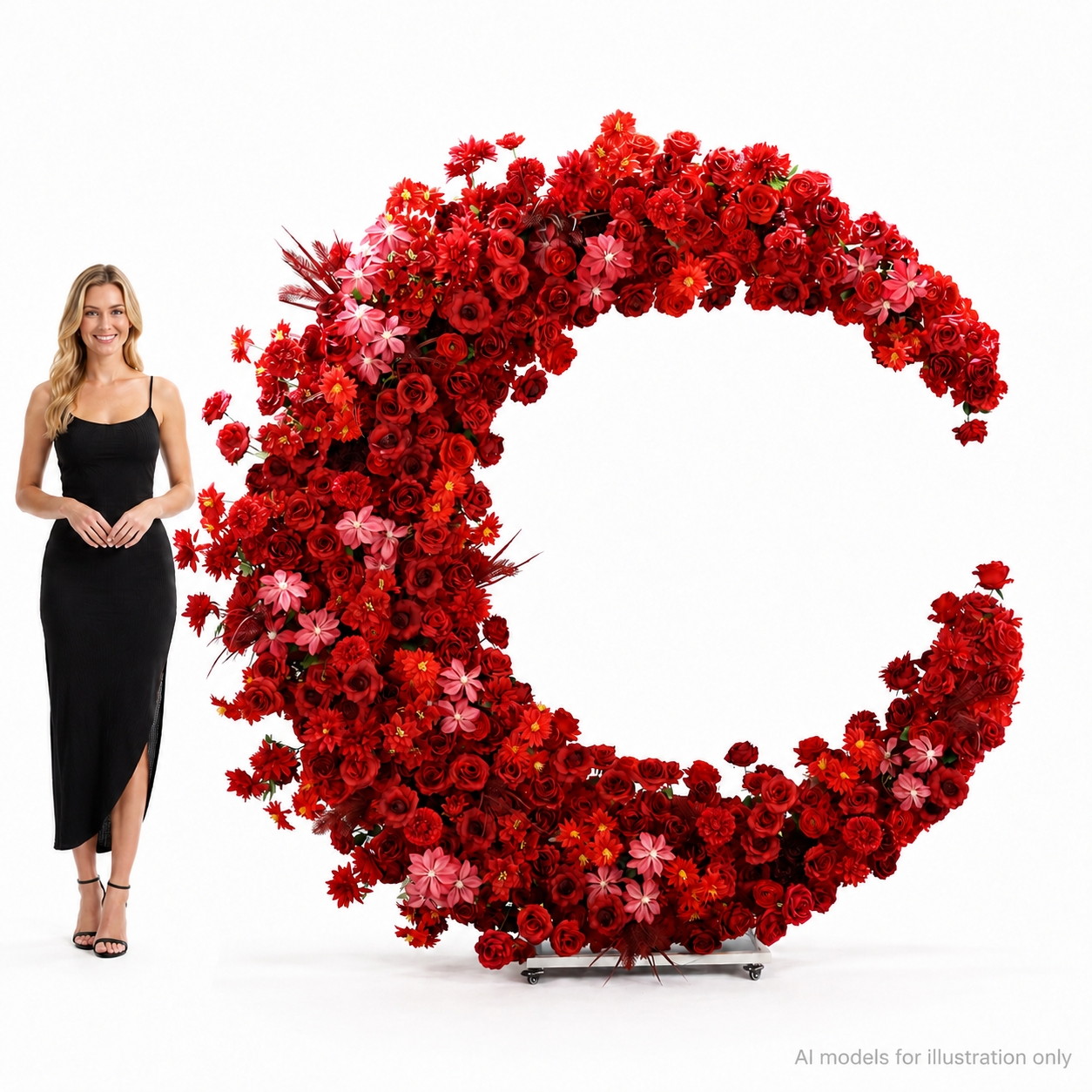 6FT rose red Crescent Moon Flower Arch, Wedding Backdrop with Stand