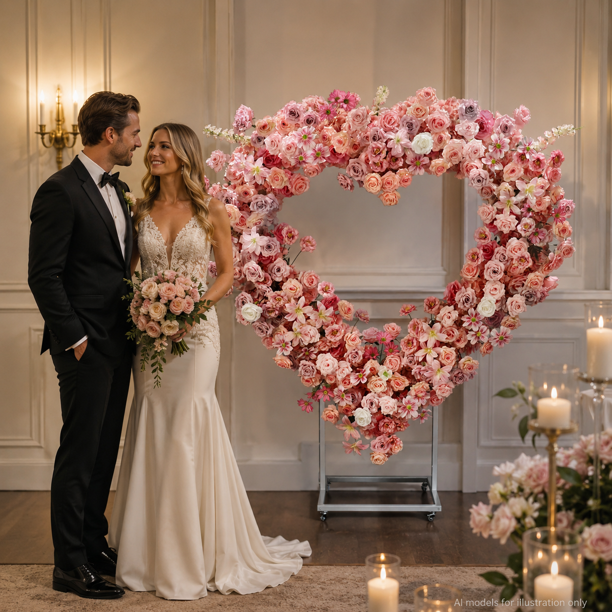 Heart Floral Arch Backdrop with Stand, Blush Pink, 6.56 x 5.58 ft