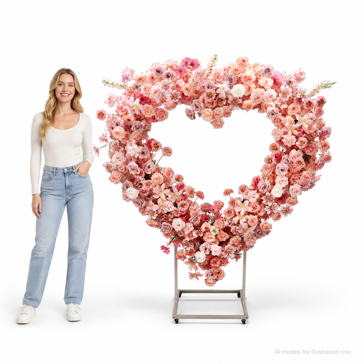 Heart Floral Arch Backdrop with Stand, Blush Pink, 6.56 x 5.58 ft