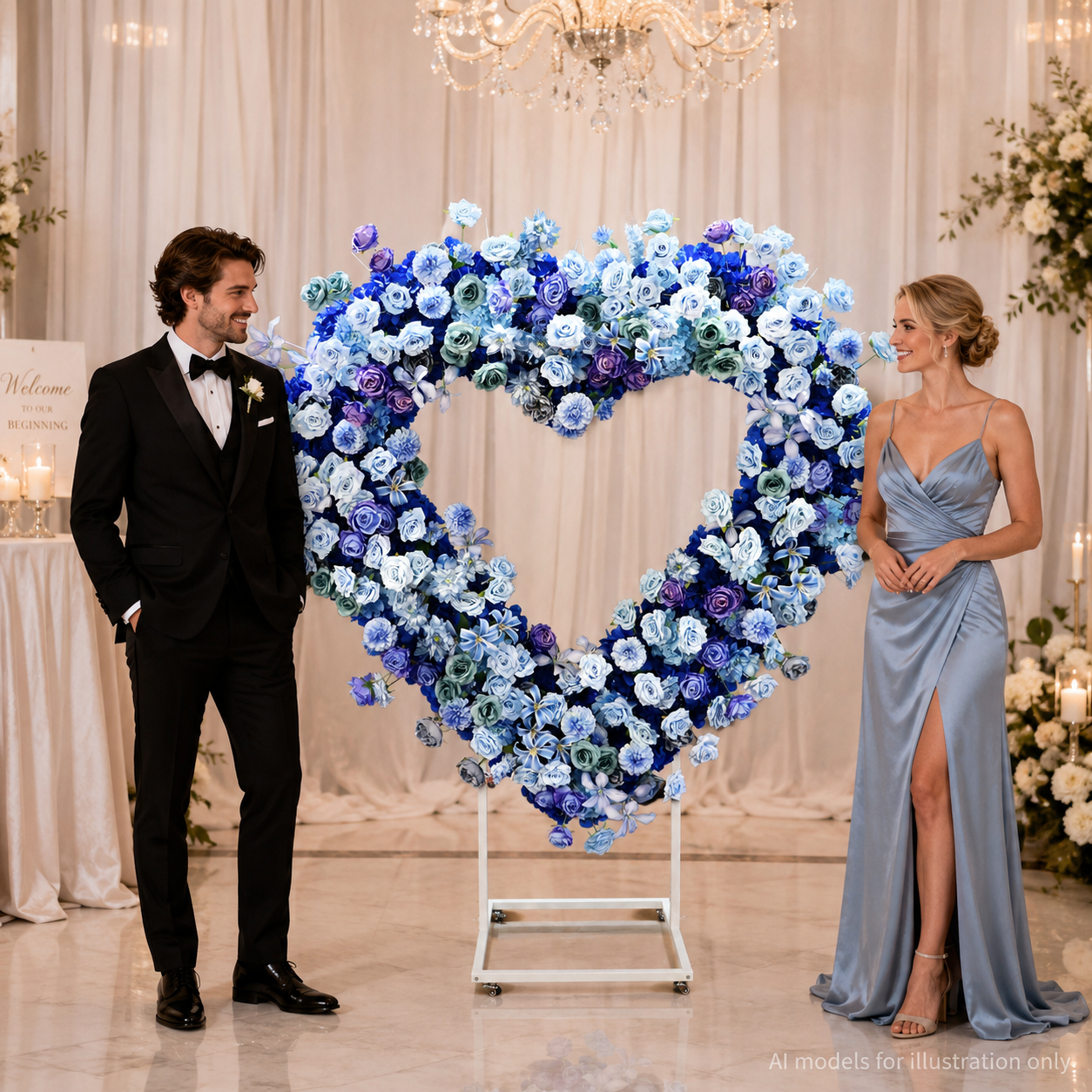 Heart Floral Arch Backdrop with Stand, Royal Blue, 6.56 x 5.58 ft