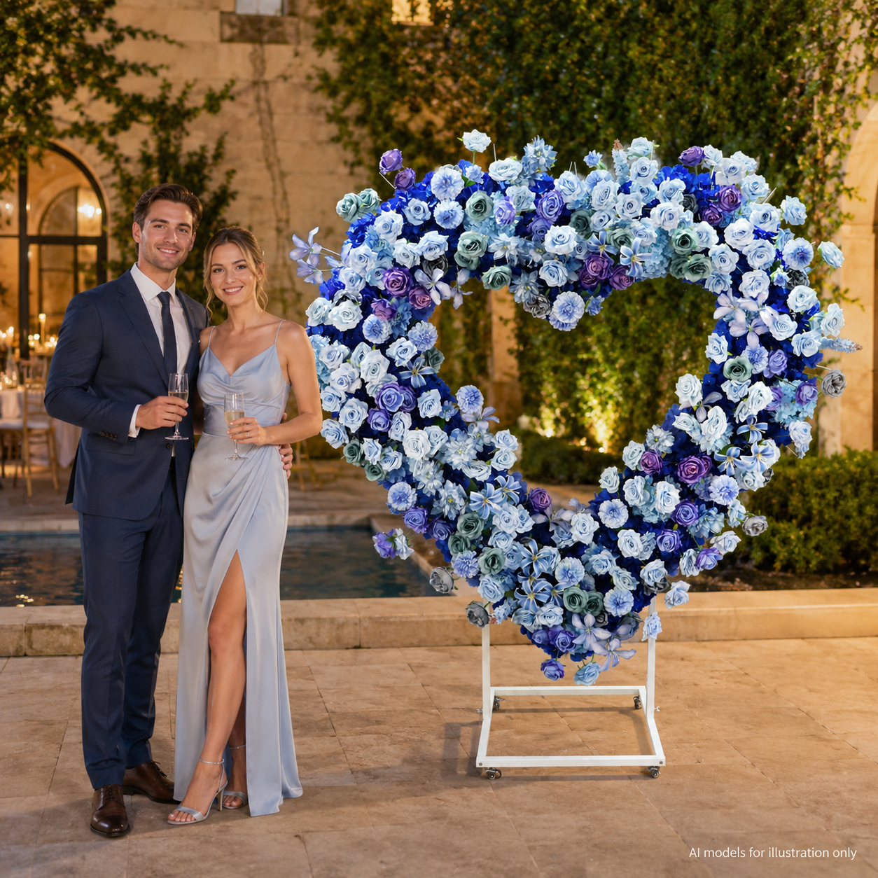  Heart Floral Arch Backdrop with Stand, Royal Blue, 6.56 x 5.58 ft