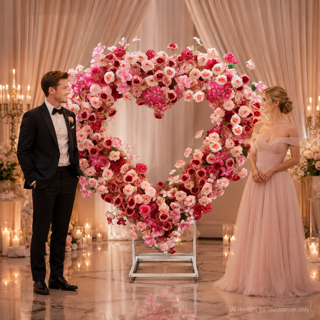 Heart Floral Arch Backdrop with Stand, Rose Pink, 6.56 x 5.58 ft