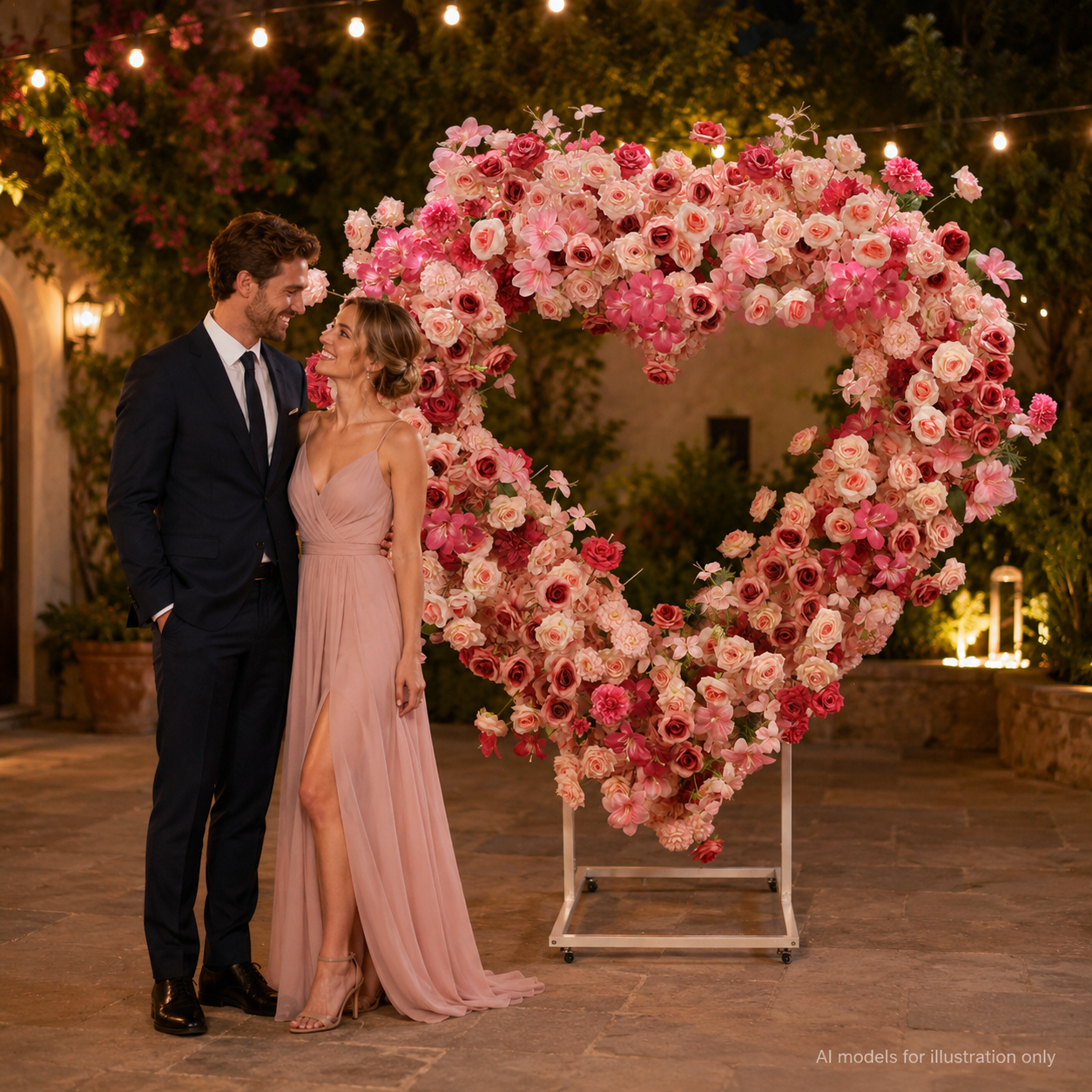 Heart Floral Arch Backdrop with Stand, Rose Pink, 6.56 x 5.58 ft