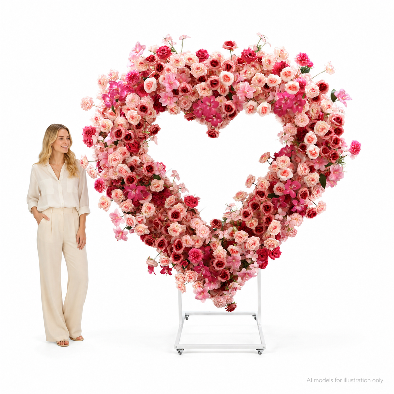 Heart Floral Arch Backdrop with Stand, Rose Pink, 6.56 x 5.58 ft