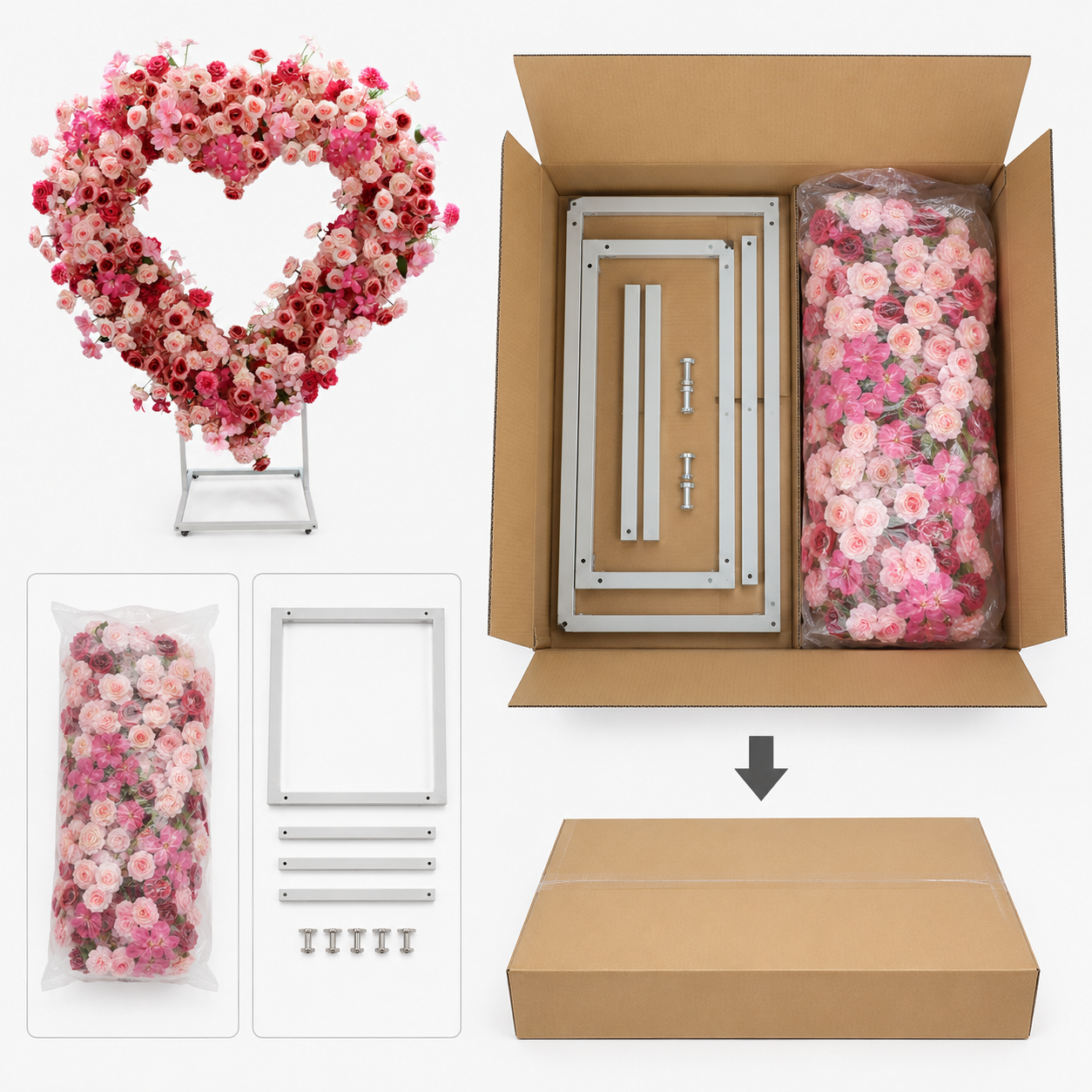 Heart Floral Arch Backdrop with Stand, Rose Pink, 6.56 x 5.58 ft