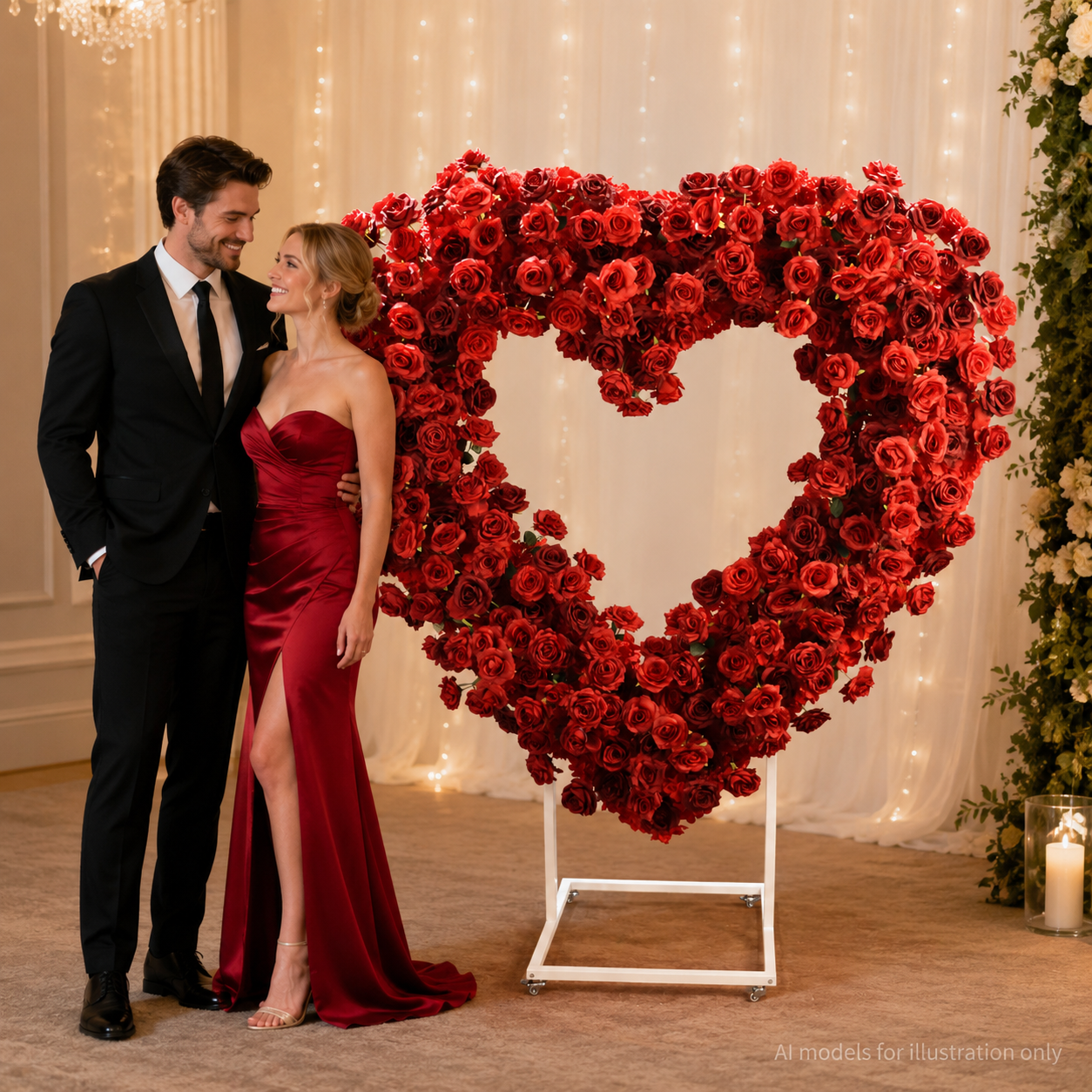 Heart Floral Arch Backdrop with Stand, Red Rose, 6.56 x 5.58 ft