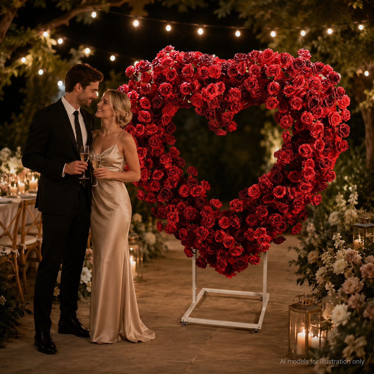 Heart Floral Arch Backdrop with Stand, Red Rose, 6.56 x 5.58 ft