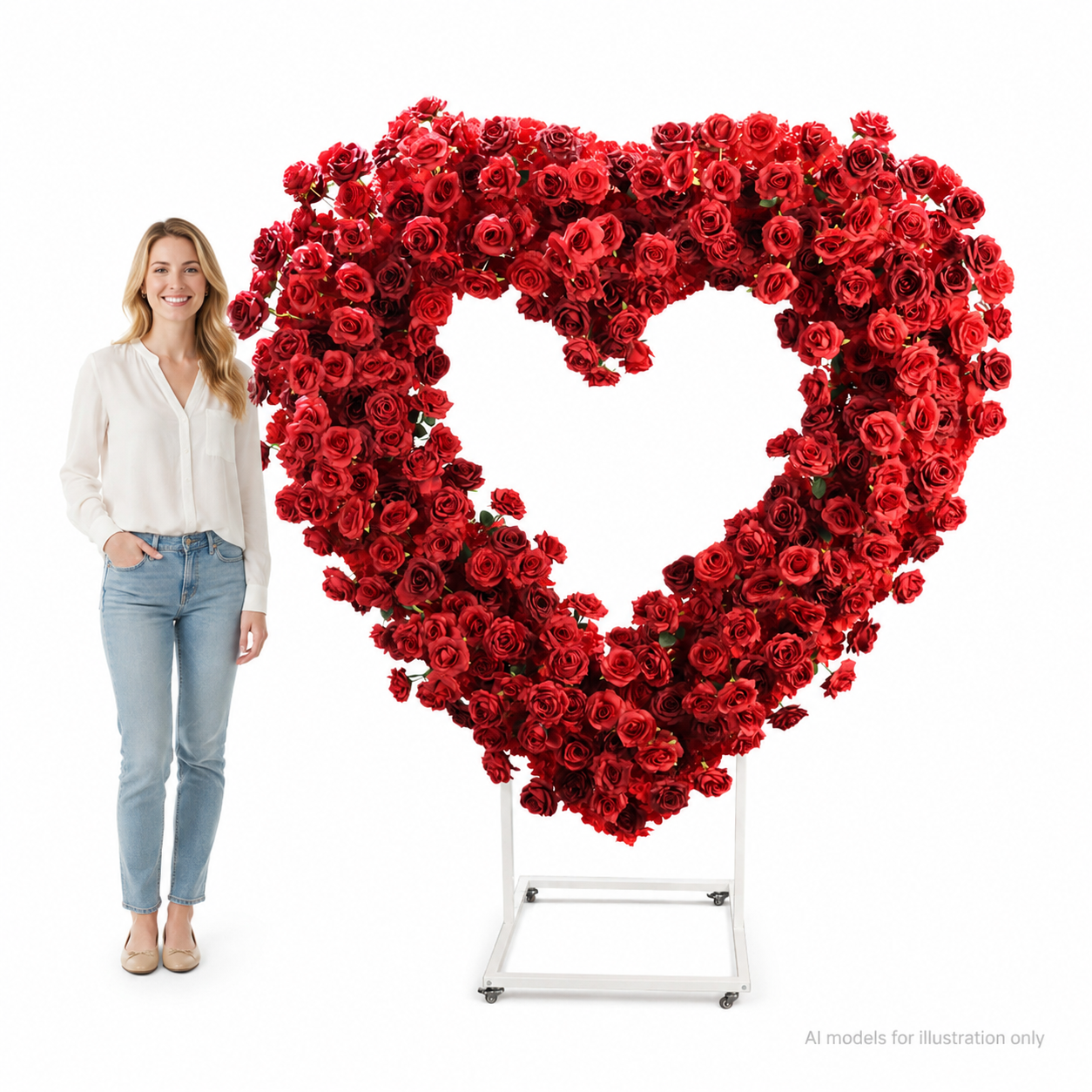 Heart Floral Arch Backdrop with Stand, Red Rose, 6.56 x 5.58 ft