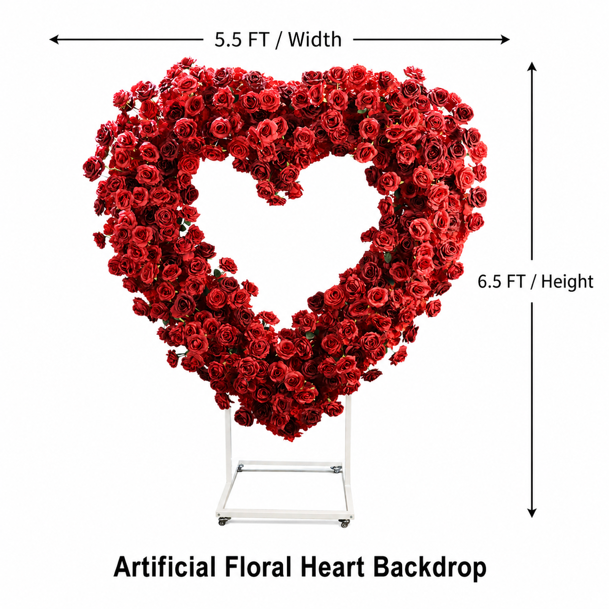 Heart Floral Arch Backdrop with Stand, Red Rose, 6.56 x 5.58 ft