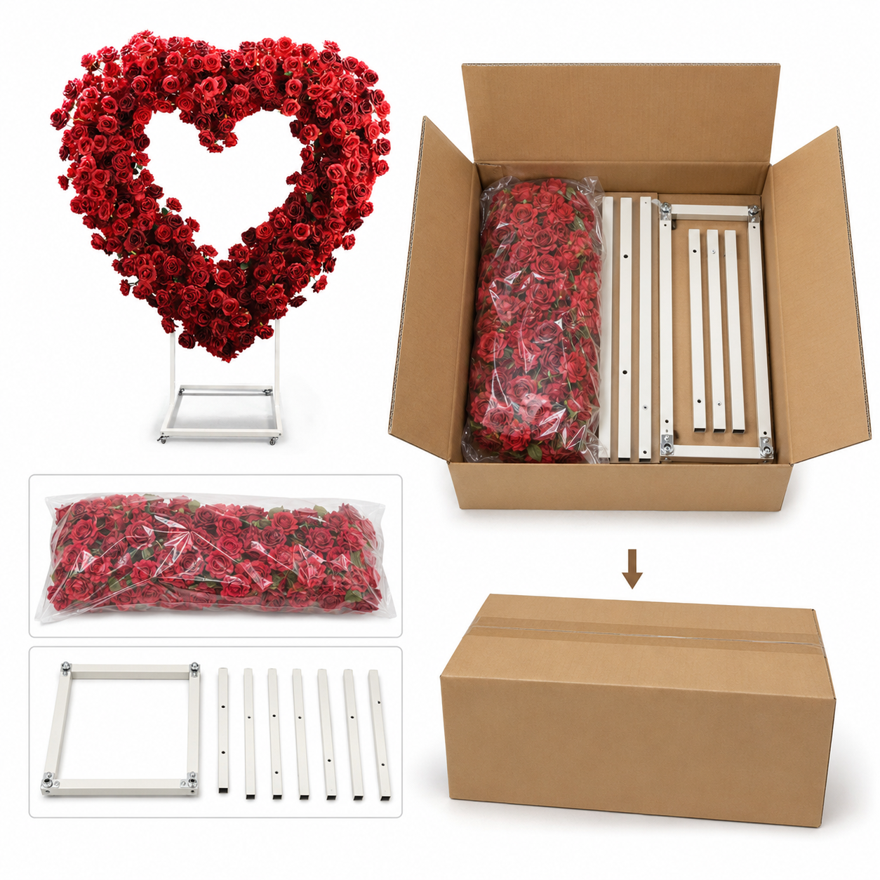 Heart Floral Arch Backdrop with Stand, Red Rose, 6.56 x 5.58 ft