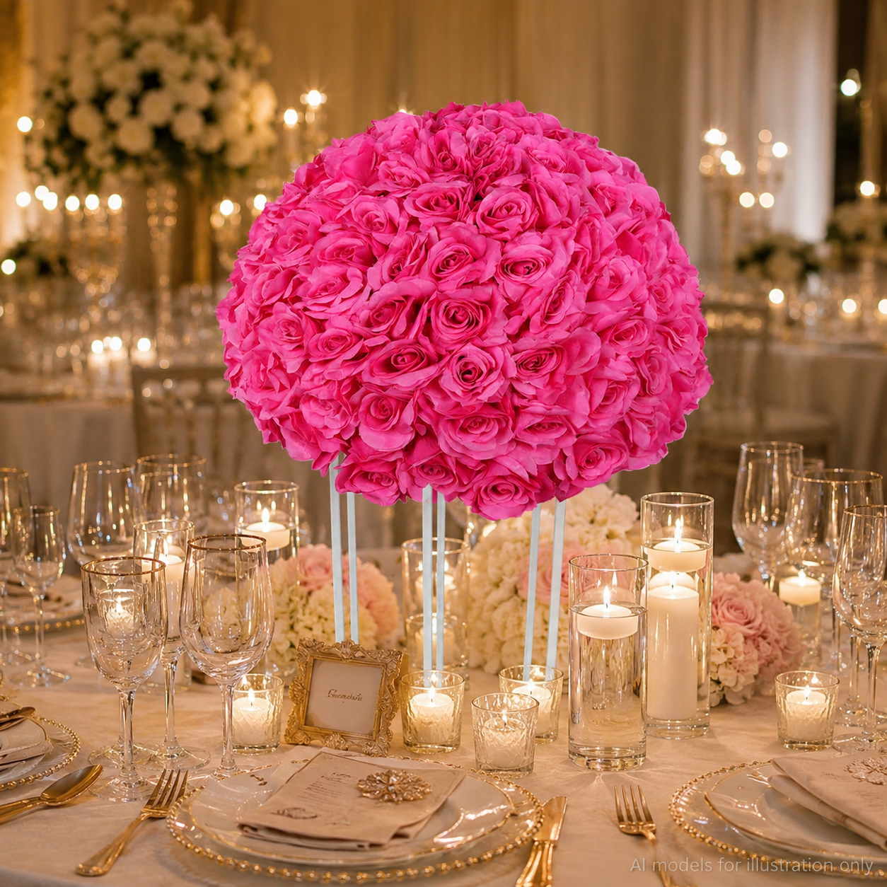 Artificial Rose Half Ball for Wedding Arch Decor, Hot Pink 15.75 IN / 40CM Diameter