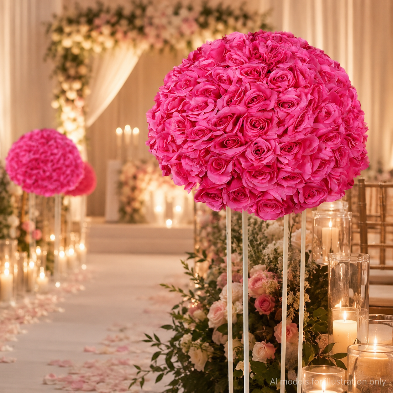 Artificial Rose Half Ball for Wedding Arch Decor, Hot Pink 15.75 IN / 40CM Diameter