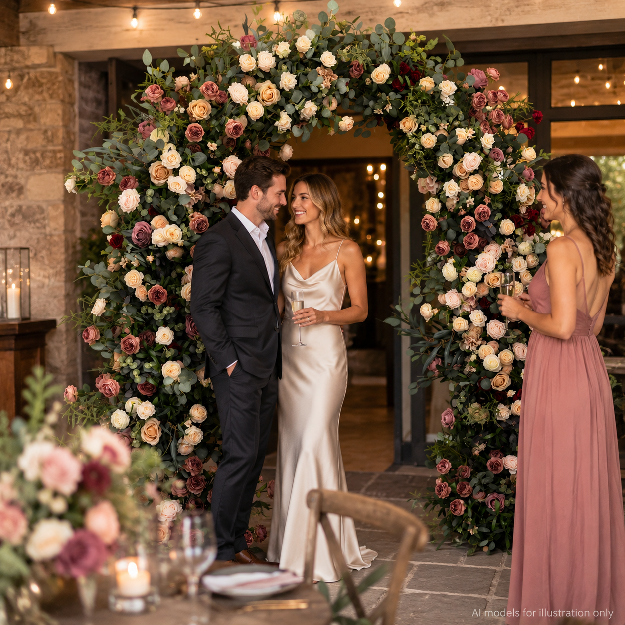 Artificial Floral Arch Decoration with Matching Stand Mocha Rose Greenery