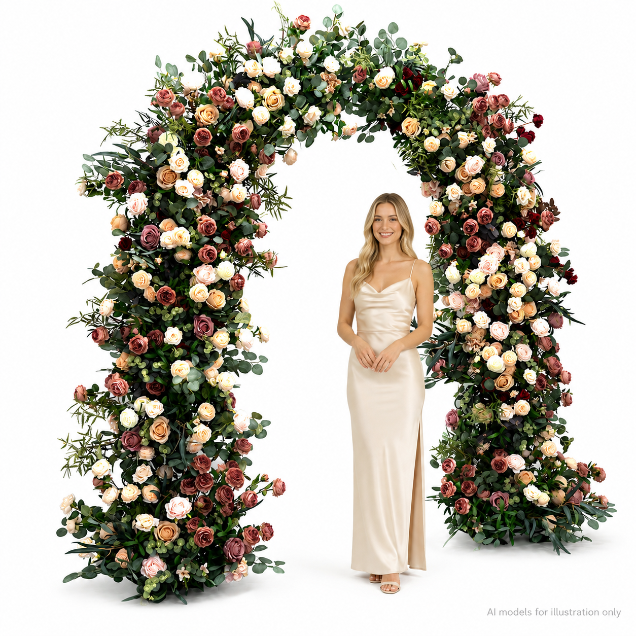 Artificial Floral Arch Decoration with Matching Stand Mocha Rose Greenery