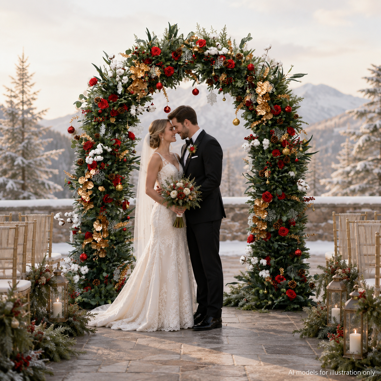 Artificial Floral Arch Decoration with Matching Stand Red Gold Christmas
