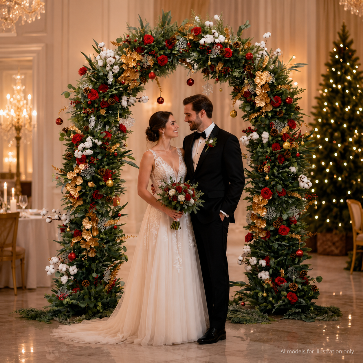 Artificial Floral Arch Decoration with Matching Stand Red Gold Christmas