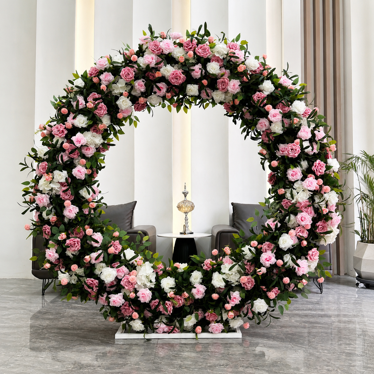 Artificial Round Flower Arch, 6.6 ft Wedding Backdrop Stand  pink