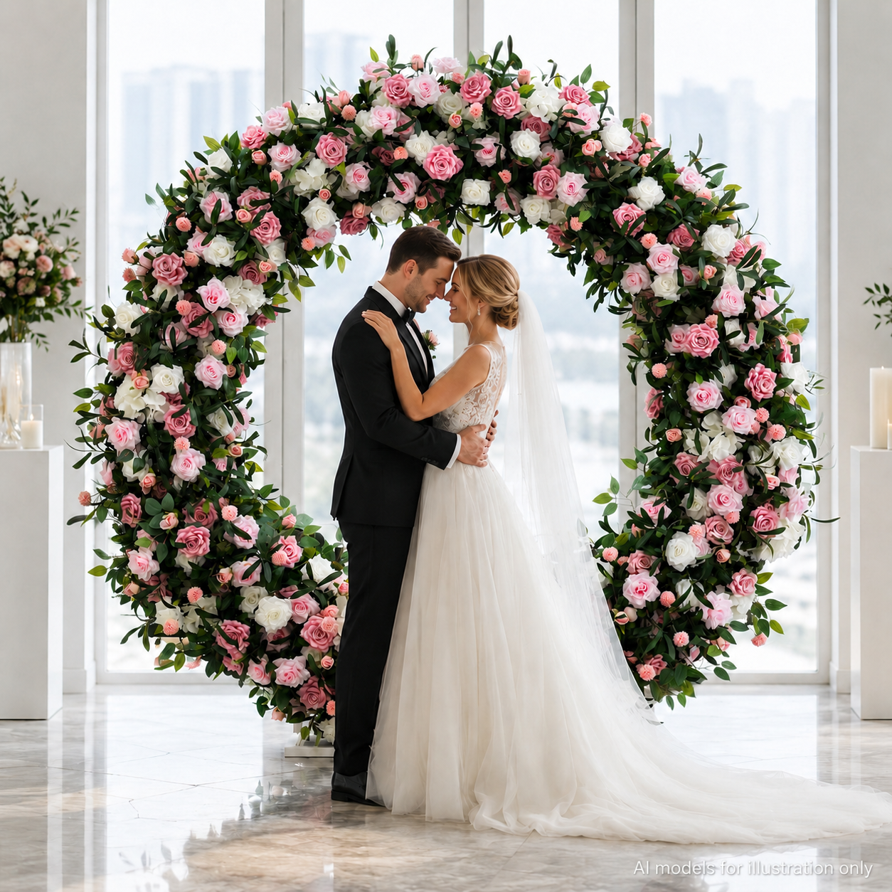 Artificial Round Flower Arch, 6.6 ft Wedding Backdrop Stand  pink