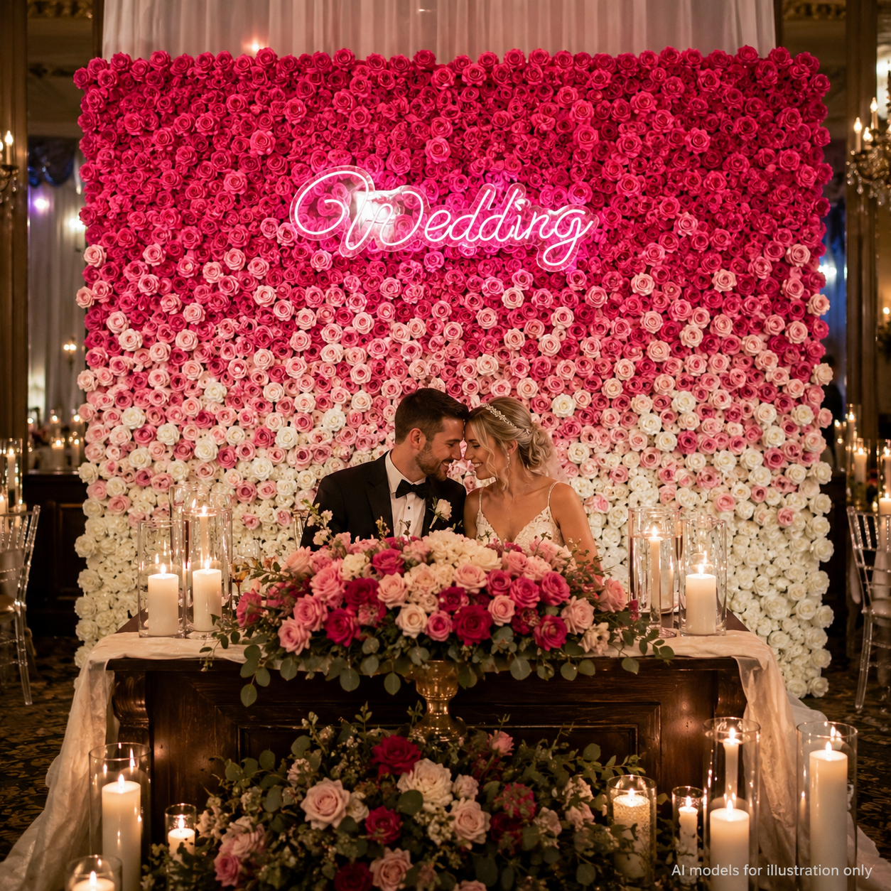 Artificial Flower Wall Backdrop, 94.5 x 94.5 in, Metal Frame Berry Pink Ombre