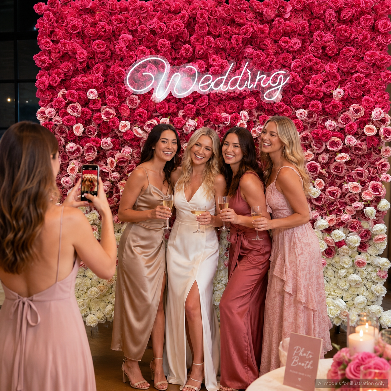 Artificial Flower Wall Backdrop, 94.5 x 94.5 in, Metal Frame Berry Pink Ombre
