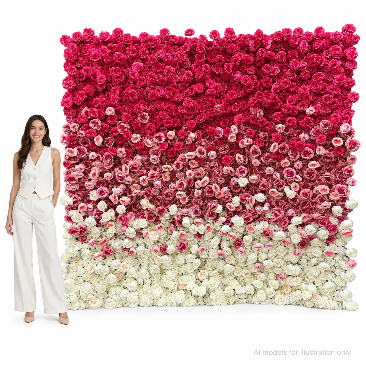 Artificial Flower Wall Backdrop, 94.5 x 94.5 in, Metal Frame Berry Pink Ombre