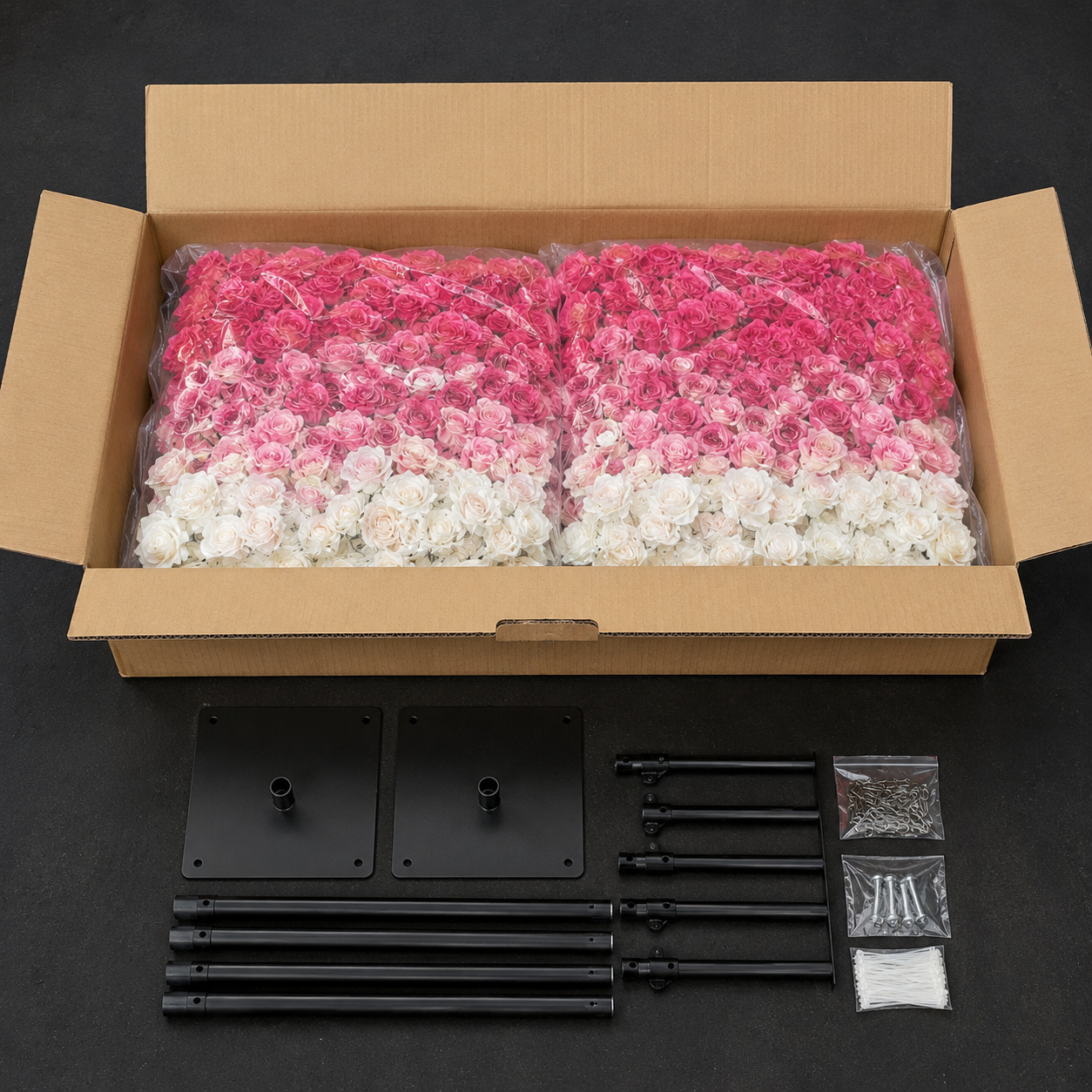 Artificial Flower Wall Backdrop, 94.5 x 94.5 in, Metal Frame Berry Pink Ombre