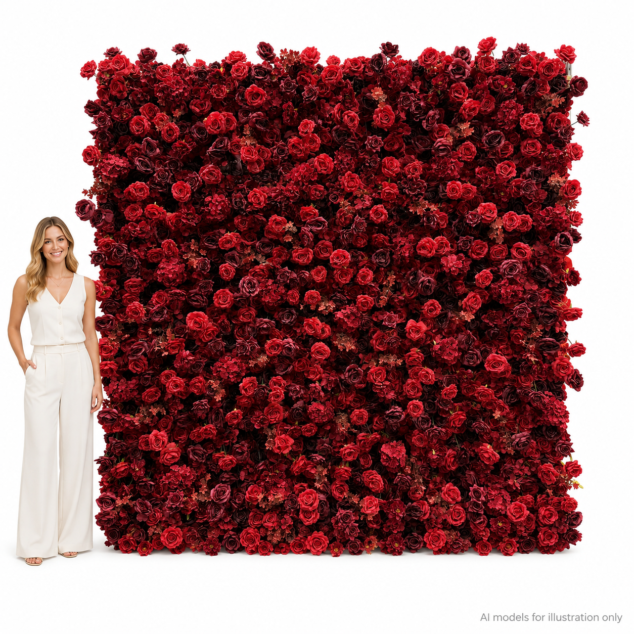 Artificial Flower Wall Backdrop, 94.5 x 94.5 in, Metal Frame Burgundy Red Rose