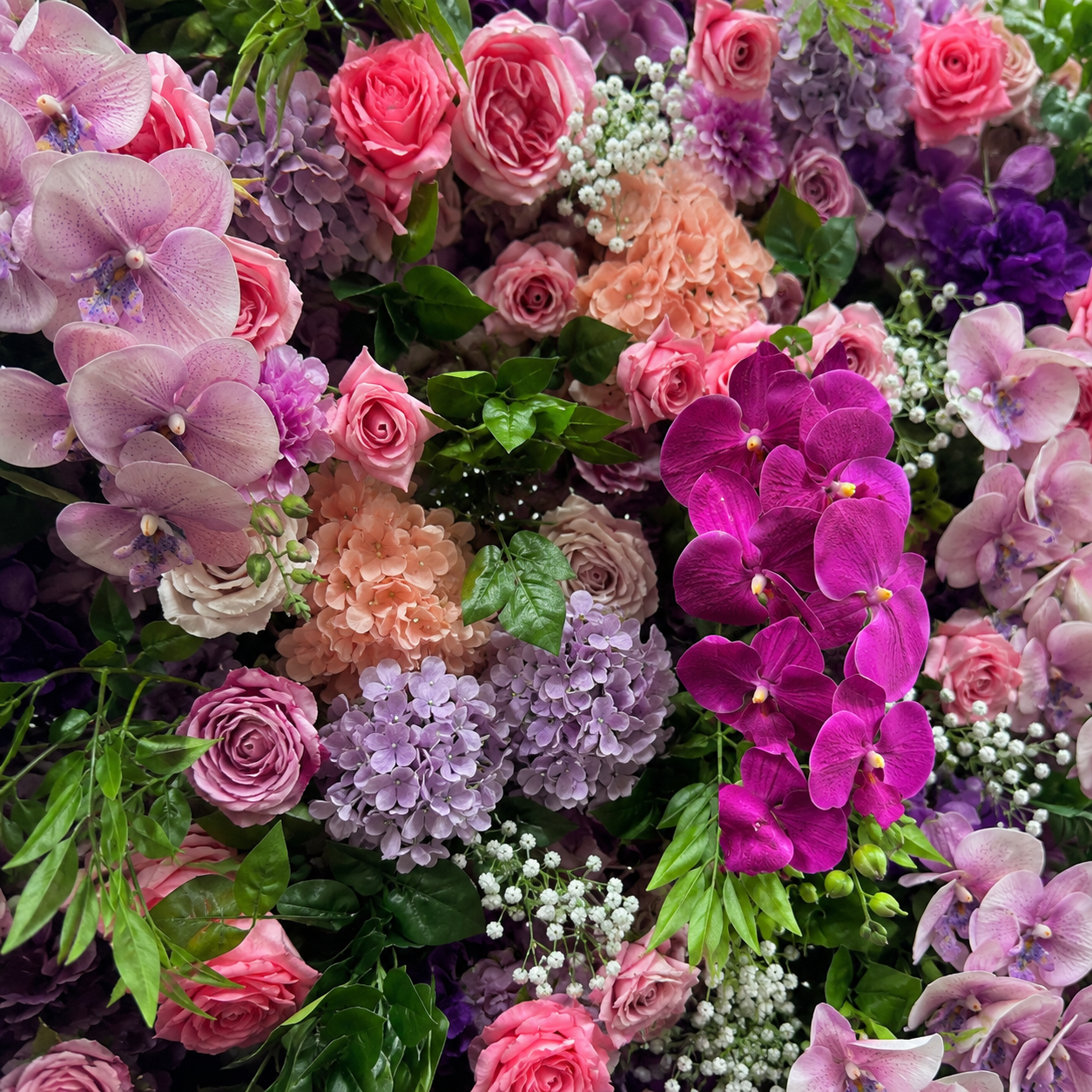 Purple Orchid Garden	Purple Orchid Artificial Flower Wall Backdrop, 94.5 x 94.5 in, Frame