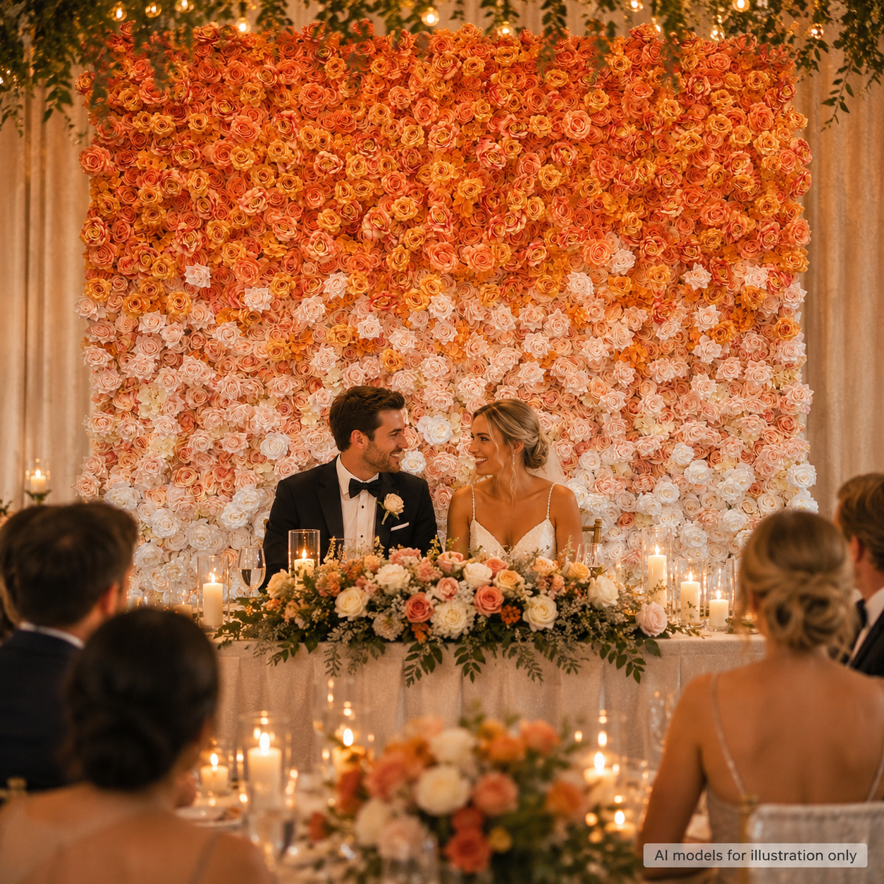 Sunset Orange Ombre	Sunset Orange Artificial Flower Wall Backdrop, 94.5 x 94.5 in, Frame