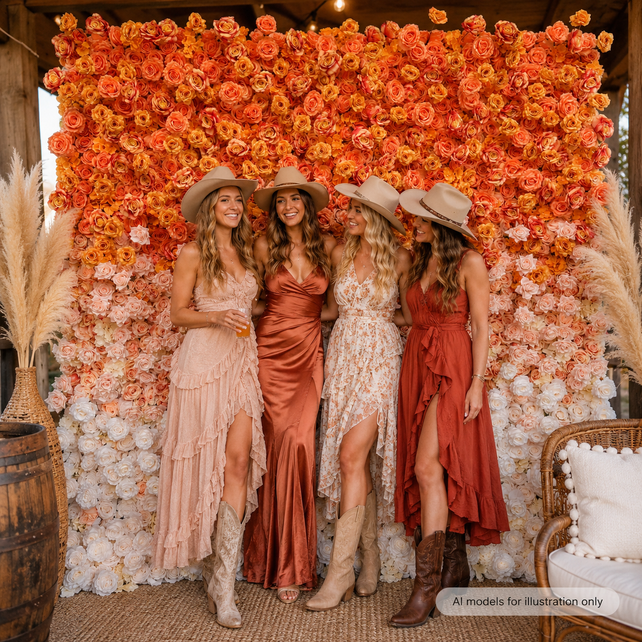 Sunset Orange Ombre	Sunset Orange Artificial Flower Wall Backdrop, 94.5 x 94.5 in, Frame