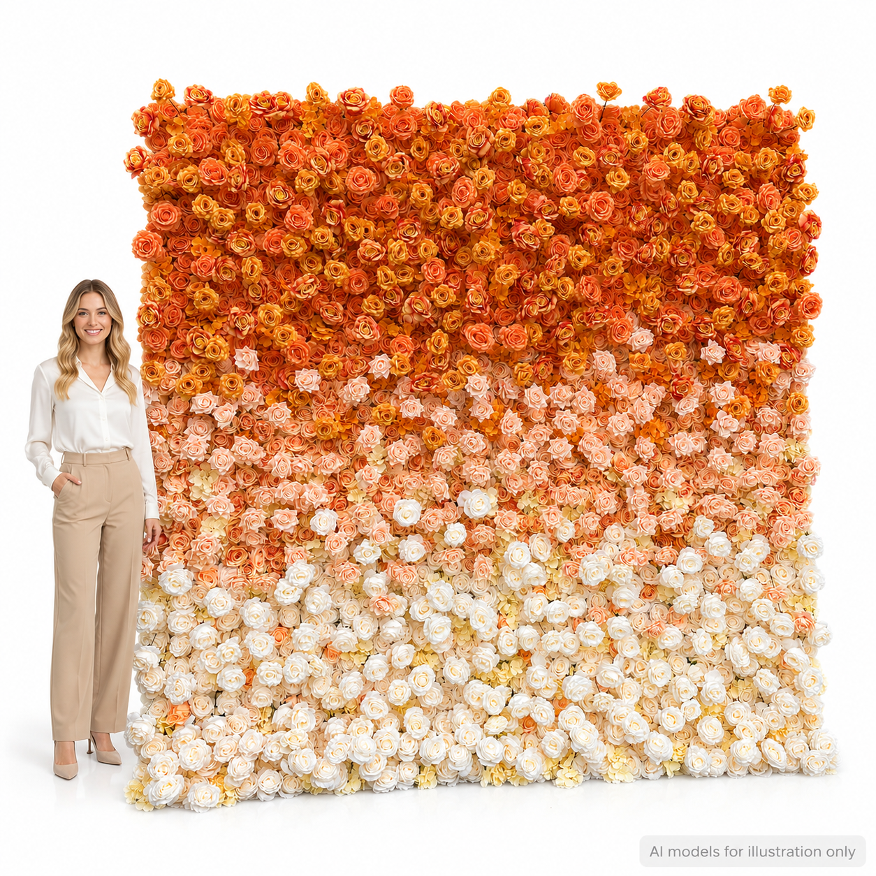 Sunset Orange Ombre	Sunset Orange Artificial Flower Wall Backdrop, 94.5 x 94.5 in, Frame