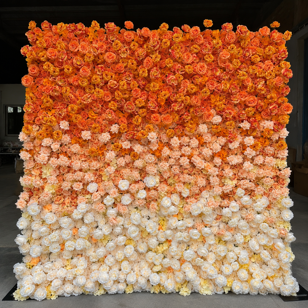 Sunset Orange Ombre	Sunset Orange Artificial Flower Wall Backdrop, 94.5 x 94.5 in, Frame