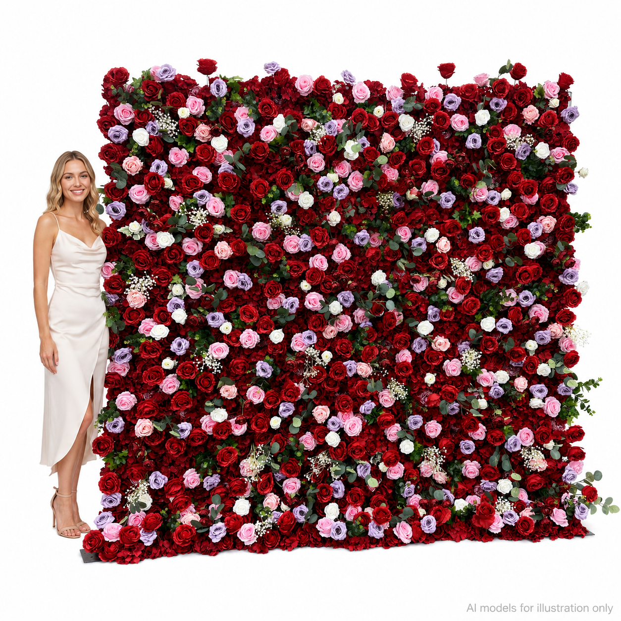 Red Rose Greenery Red Rose Greenery Artificial Flower Wall Backdrop, 94.5 x 94.5 in